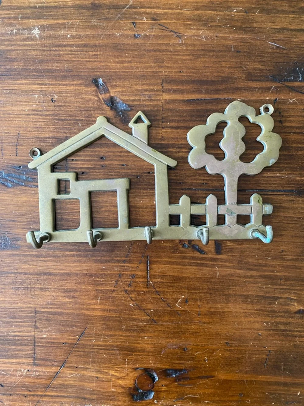 Vintage Solid Brass Wall Key Ring‎ Holder 5 Hook with House & Tree Design Taiwan
